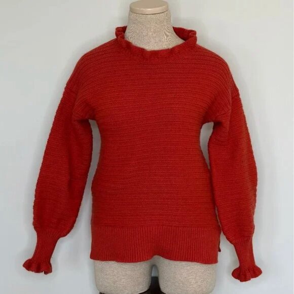 Madewell Ruffle-Neck Cotton-Merino Pullover Sweater in Fresh Chili Size Small - Picture 2 of 8